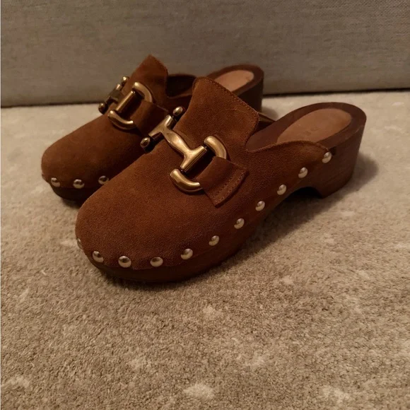 Boden Brown Suede Studded Clog Mules with Gold Bit - Picture 1 of 5